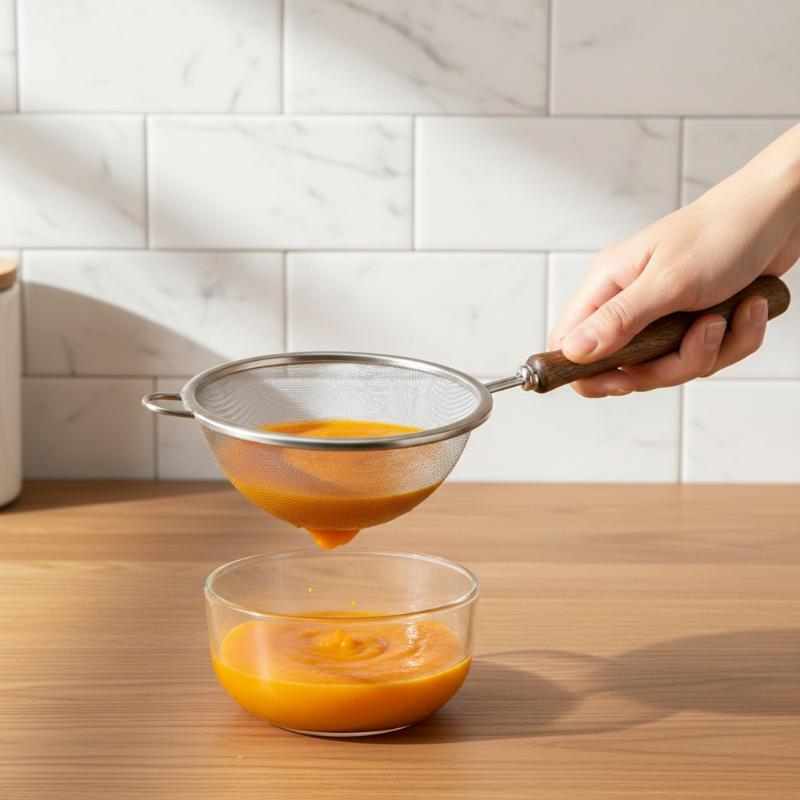 Baby Food Filter - Baby-Nahrungsergänzungsmittel-Rückstandsfilter 304 Edelstahl Feinfilter-Löffel mit Holzgriff